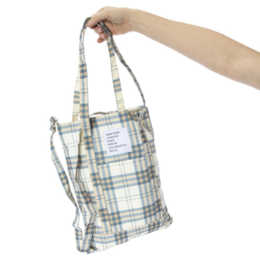 Canvas plaid bag with pockets